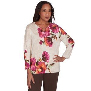 Alfred Dunner watercolor floral beaded split neckline Knit Tunic Sz 1X
